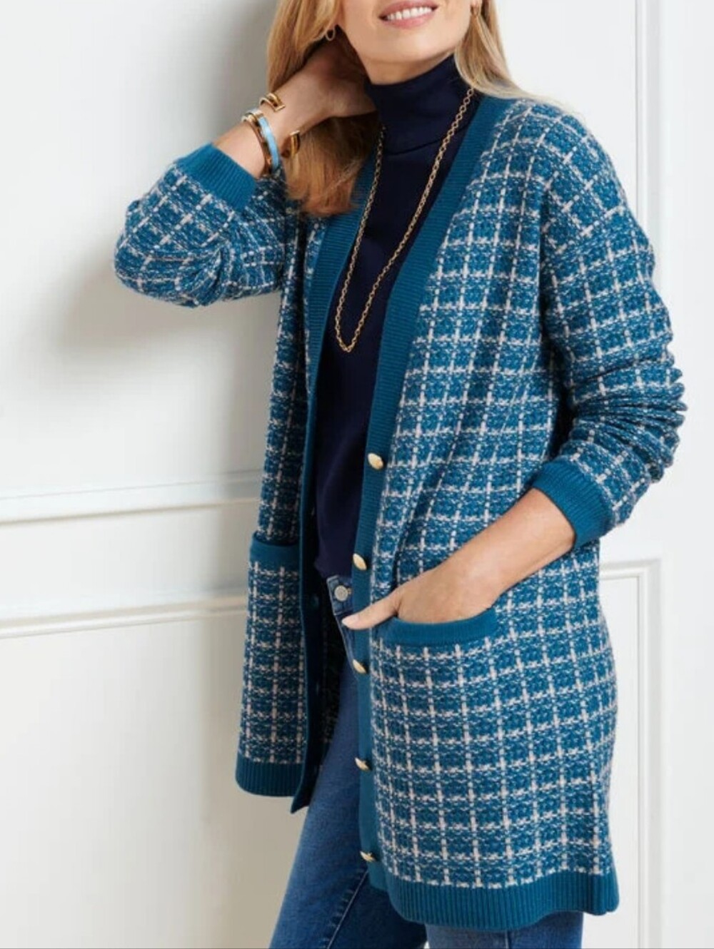 Talbots Textured Plaid Merino Wool Cardigan Blue 2X Preppy Classic Cozy Layering